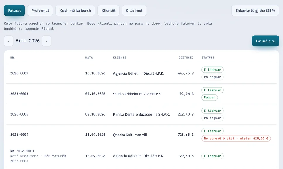 Faturat për biznese në panelin online: faturat e vitit me statusin e pagesës (Paguar, Pa paguar, Me vonesë)
